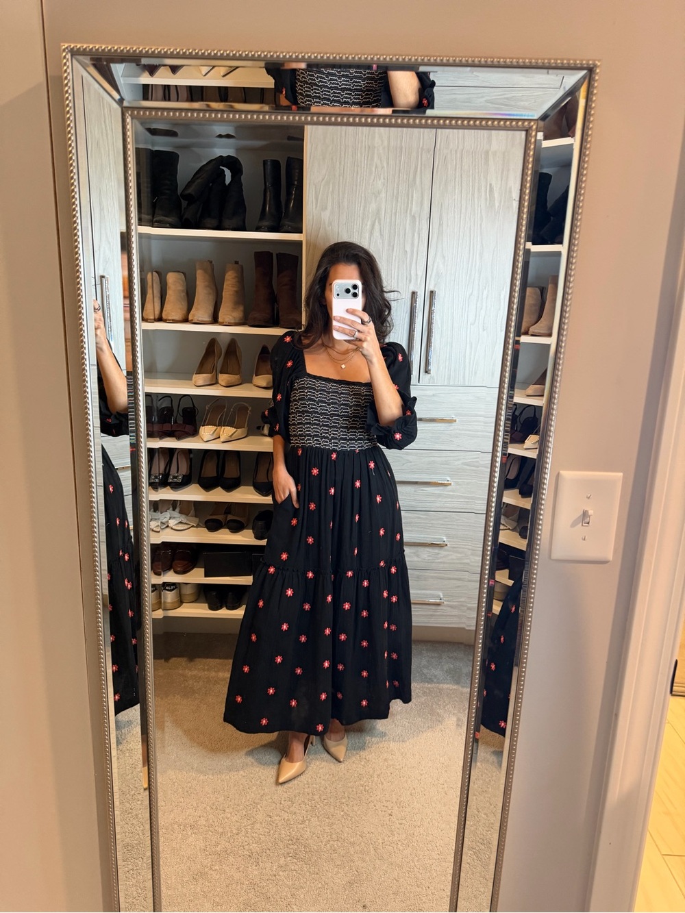 Smocked Black Midi Dress with Redish pink Floral Embroidery